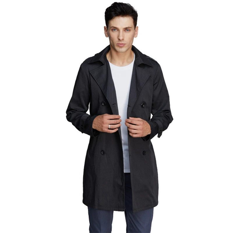 Original AJ805 black double-breasted longline coat, front view.