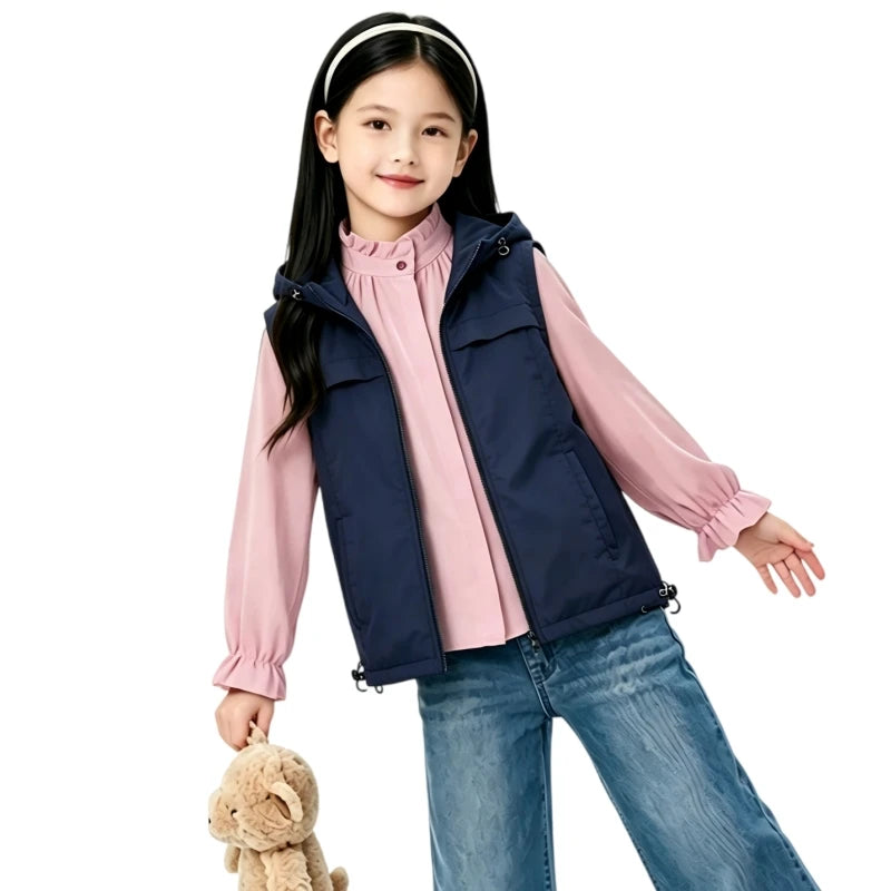 AJ513K Children’s Hooded Zip Vest — original supplier photo with background text removed.