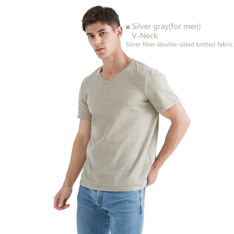 Original supplier photograph of the AJ512 silver-grey V-neck T-shirt, including its original background